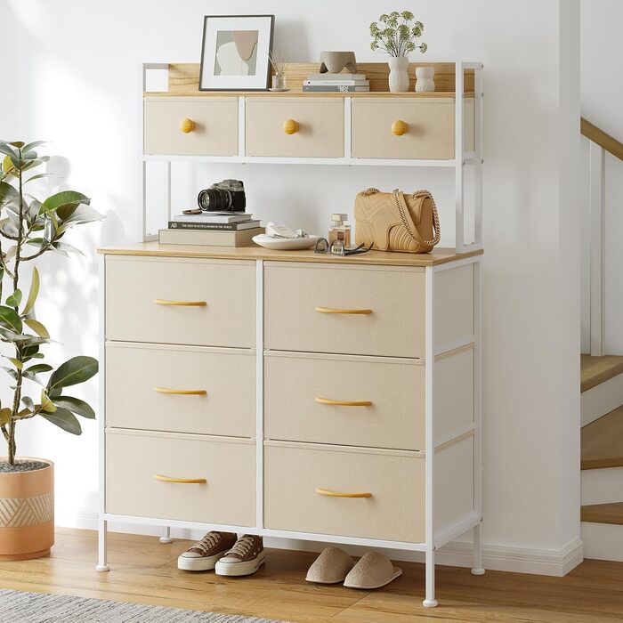 Комод з 9 шухлядами, комод для спальні, металевий каркас, дерев&39яна стільниця, тканинні шухляди, тканинний комод для спальні, вітальня, бежевий Бежевий D36