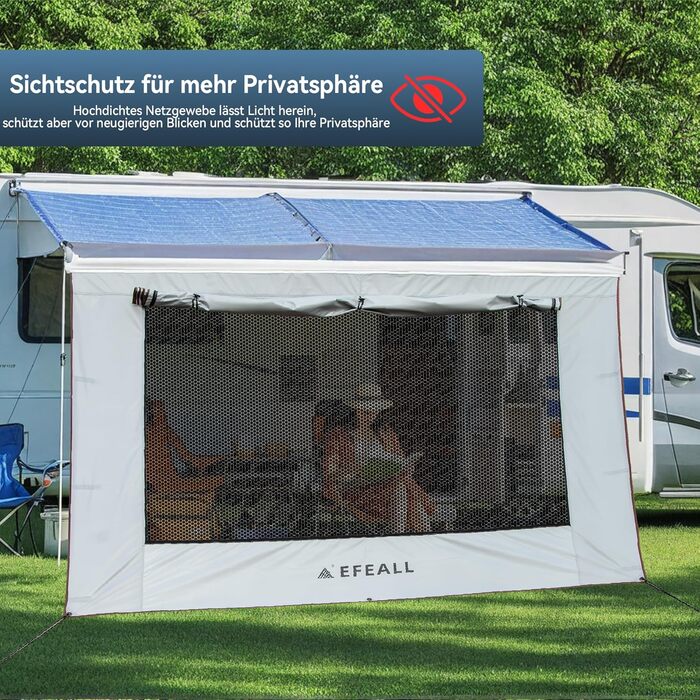 Сонячний тент для передньої стіни автофургона 2 x 3,7 м, захист UPF 50, дощозахисний, з регульованим панорамним вікном (тканина сітка), сонцезахисний тент для кедерних рейок Ø 57 мм, включаючи монтажні аксесуари 2 x 3,7 м - передня стіна