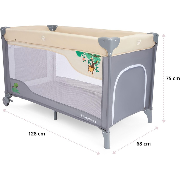 Дорожнє ліжечко-манеж Moby-System Huxley 2-в-1 з пеленальною підкладкою, 2 матрацами, москітною сіткою, сумкою для перенесення - для дітей від 0 до 36 місяців, 128x68x75 см, сірий/рожевий