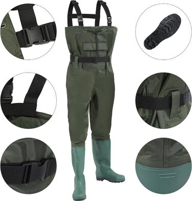 Вейдерси, водонепроникні рибальські вейдерси з нейлону 70D, композитні ПВХ, рибальські штани з нековзними гумовими чобітьми, вейдерси для ставка, вейдерси для захисту від повені, для будівельних майданчиків, риболовлі, ферм, садів, розмір 45 з гачками