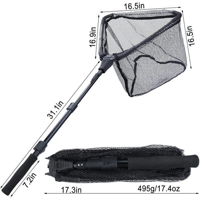 Підсак для риби Sougayilang, складний, розкладний, телескопічна штанга, міцний нейлоновий матеріал, безпечне ловлення або випускання риби, чорний - 115 см