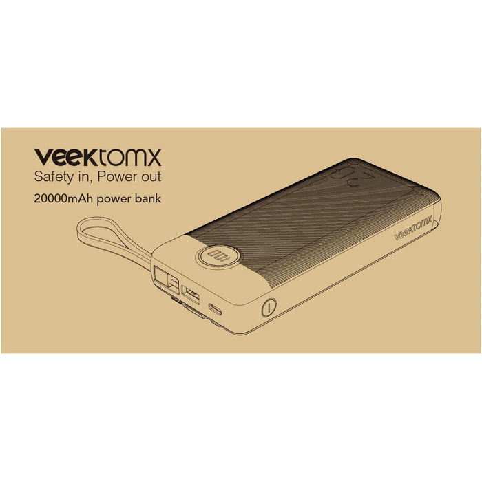 З кабелем VEEKTOMX Powerbank USB C Портативний зарядний пристрій 5 виходів Світлодіодний дисплей Зовнішній акумулятор для мобільних телефонів Сумісний з iPhone, Samsung, Huawei, Xiaomi і т.д. (20000 мАг - чорний), 20000mAh Powerbank