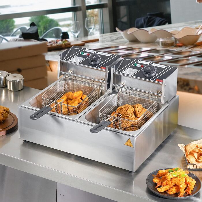 Електрична фритюрниця VEVOR з нержавіючої сталі 24 л, фритюрниця з подвійним баком 1500 Вт 1500 Вт, в т.ч. 2 кошики для смаження, 2 кришки, комерційна фритюрниця для ресторанів, кафе, закусочних