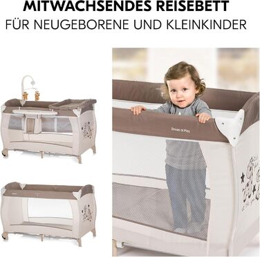 Дорожнє ліжечко Hauck Babycenter Zoo - вкл. вкладиш для новонароджених, пеленальний килимок, ігрова арка з музичним мобілем, лоток для зберігання, колеса, матрац, сумка для перенесення (регульована по висоті та складається) - 120x60 см