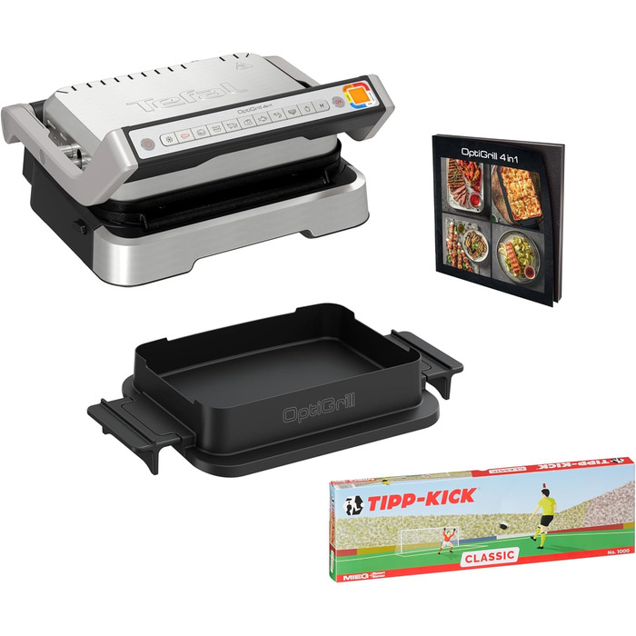 Контактний гриль Tefal OptiGrill 4-в-1 Tipp-Kick Edition, гриль/барбекю/духовка/повноцінний обід, 9 автоматичних програм, включаючи деко для випікання та гру Tipp-Kick, Silver, GC774D.TK