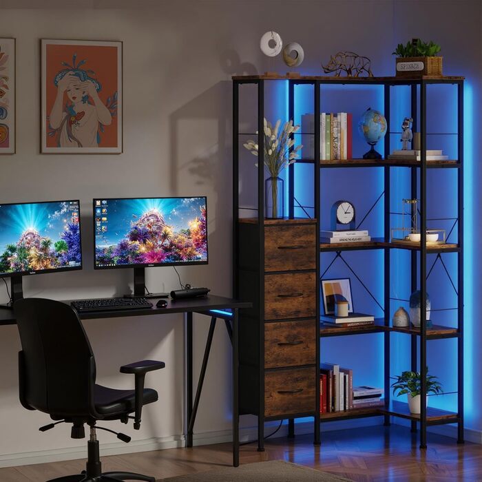 Ярусна кутова полиця, стояча, зі світлодіодним освітленням та 4 шухлядами, полиця, книжкова шафа, кухонна полиця, полиці, кутова шафа, для вітальні, спальні, офісу, кухні, вінтажний коричневий, 5-