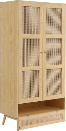 Шафа Moimhear з рейкою для вішалок, 2-дверна шафа, спальня, сітка з ротанга, вітальня, з нижньою відкидною кришкою, ДСП ПЕ ротанг, натуральний колір