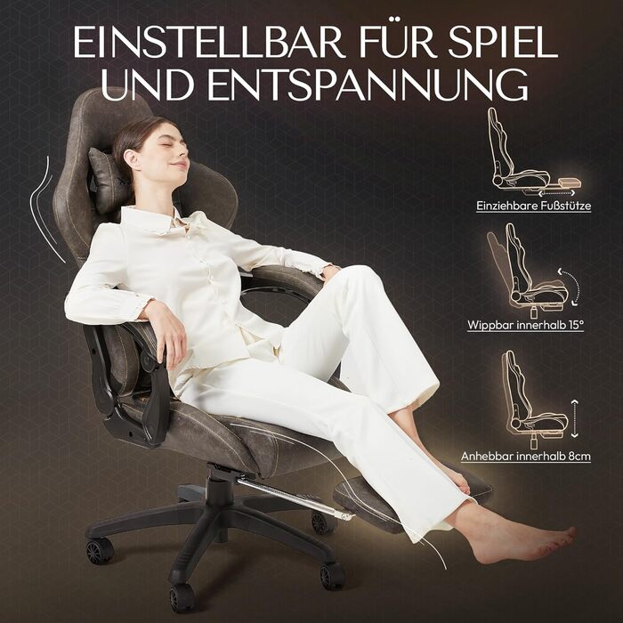 Розкішне ігрове крісло Dowinx, ергономічне зі штучної шкіри з простьобаною обробкою Boutis, масажна поперекова опора та підставка для ніг, регульоване офісне крісло 90-170, вантажопідйомність до 200 кг, для домашнього офісу та ігор, коричнево-коричневий в