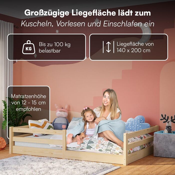 Ліжко Bellabino Iskri на підлозі 140x200 см Дитяче ліжко Монтессорі із захистом від падіння та рейковою основою Дерев&39яне ліжко для хлопчиків та дівчаток з масиву сосни натурального кольору Дитяче ліжко натурального кольору 140x200 см без матраца