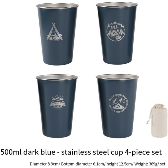 Набір з 4 кемпінгових чашок з нержавіючої сталі об&39ємом 500 мл, для походів та подорожей на природі, нержавіюча сталь 304, штабельовані, легкі, з сумкою для зберігання
