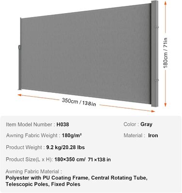 Бічний тент VEVOR 180 x 350 см. Бічний тент з поліестерової тканини 180 г/м з PU-покриттям. Тент з висувною ручкою та пружинним механізмом. Ширма для балконів та внутрішніх дворів. Сірий колір 180X350 см. Сірий.