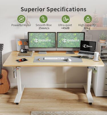 Письмовий стіл з регульованою висотою (140 x 70 см) Комп&39ютерний стіл з електричним регулюванням висоти, 4 режимами пам&39яті, дошкою для записів та колесами, що обертаються на 360 Стіл SN1 140 x 70 см, дуб біла рама