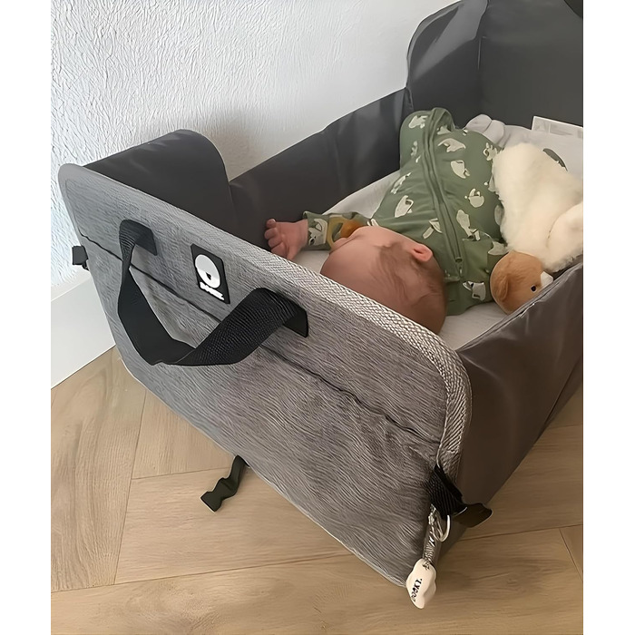 Складне дитяче ліжечко для подорожей з матрацом - надзвичайно легке, компактне, кишені з боків, 41 x 74 см (у зібраному вигляді) / 41 x 26 см (у складеному вигляді), 100 поліестер, чорний/сірий