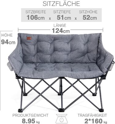 Складаний кемпінговий стілець EVER ADVANCED, ширина 124 см, кемпінговий диван для 2 осіб, розкладний диван, вантажопідйомність 320 кг, товсто м&39який кемпінговий диван, розкладний стілець XXL, 2-місний, висока спинка для саду на свіжому повітрі, балкону,