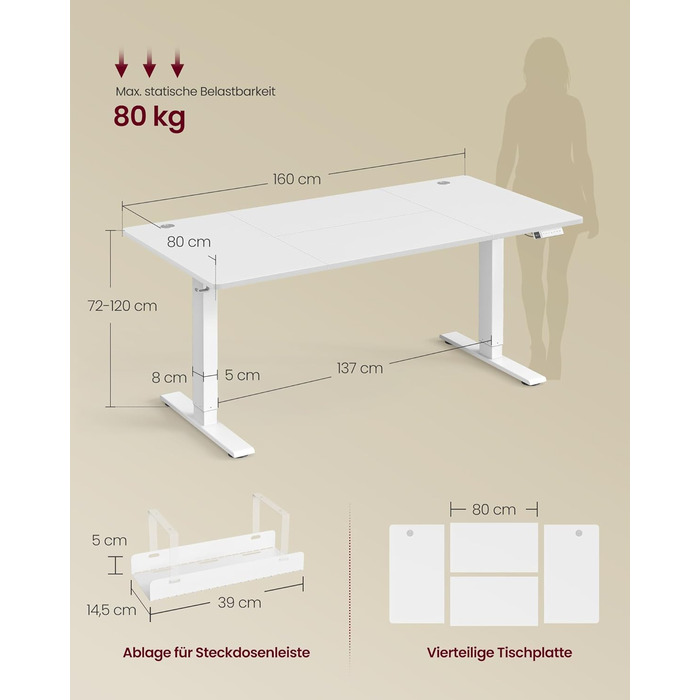 Стіл VASAGLE з регульованою висотою, 160 x 80 см, порт USB-C, подовжувач для зберігання, стіл для роботи стоячи, нагадування про тривале сидіння, 3 кнопки пам&39яті, для офісу, матово-білий LSD146WZ02 160 x 80 см матово-білий