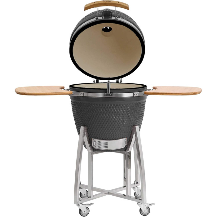 Гриль камадо Ø 52 см KURO, сірий вугільний гриль з бамбуковою полицею, термометром, дерев'яною ручкою, коліщатками керамічний грил