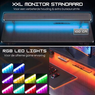 Ігровий стіл Five Stars - Комп&39ютерний стіл - 100x50x75 см - Ігровий стіл зі світлодіодним підсвічуванням - Чорний карбон