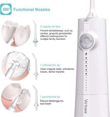 Бездротовий іригатор порожнини рота Voinee Care, професійний іригатор порожнини рота з 5 режимами очищення, 6 рівнями тиску та 5 змінними насадками, що обертаються на 360, водонепроникний IPX7, для чищення зубів (білий)