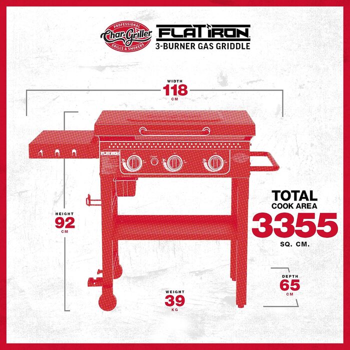 Газовий гриль-планча Char-Griller Flat Iron на 3 пальники, складаний гриль із керамічною сталевою поверхнею, вітрозахистом, 3355 см, чорний