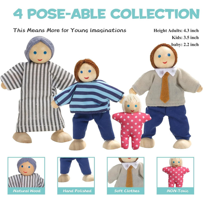 Набір меблів для лялькового будиночка "Гігантська квасоля", дерев&39яний, 36 предметів з 4 сімейними ляльками, аксесуари для ляльок, іграшка для хлопчиків, дівчаток та малюків від 3 років