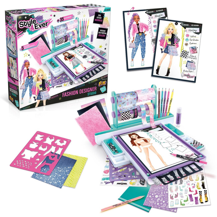 Стиль для всіх - Планшет для дизайнера одягу - Набір для творчого малювання та рукоділля для дітей віком від 6 років - Повний кейс для студії дизайну одягу з тканинами, трафаретами та наклейками - Студія дизайнера одягу OFG 276