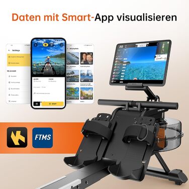 Гребний тренажер YAMO для домашнього використання, водний гребний тренажер для домашнього використання, 6-рівневе регулювання опору, підтримка Bluetooth, надзвичайно широке сидіння, вантажопідйомність до 158 кг, з тримачем для планшета YR35