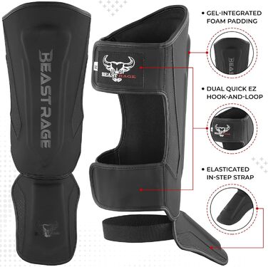 Щитки для гомілок BEAST RAGE для кікбоксингу, муай-тай, ММА, щитки для гомілок із захистом підйому стопи, спорядження для тренувань ММА, спарингу, бразильського джиу-джитсу, карате, боксу, тхеквондо, чорні, M
