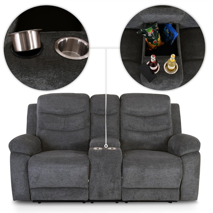 Крісло для кіно Raburg, 2-місне крісло для телевізора з механічною функцією розслаблення та відкидання, легким підйомом, підстаканником, відділенням для закусок, комфортною підкладкою, вантажопідйомністю 130 кг на сидіння Pixx, мікрофібра Темно-сірий Темн