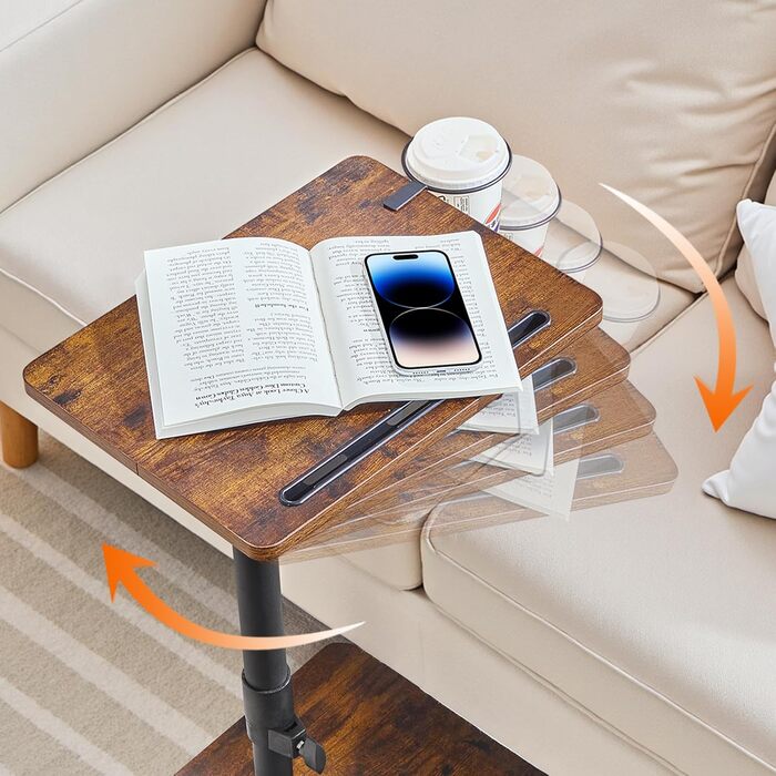 Журнальний столик HOOBRO C-подібної форми, регульована висота від 45,5 до 78 см, обертовий на 360 диванний столик з тримачем для напоїв та слотом, засовується під диван або ліжко, вінтажний коричневий та чорний EBF34SF01 Вінтажний коричневий чорний