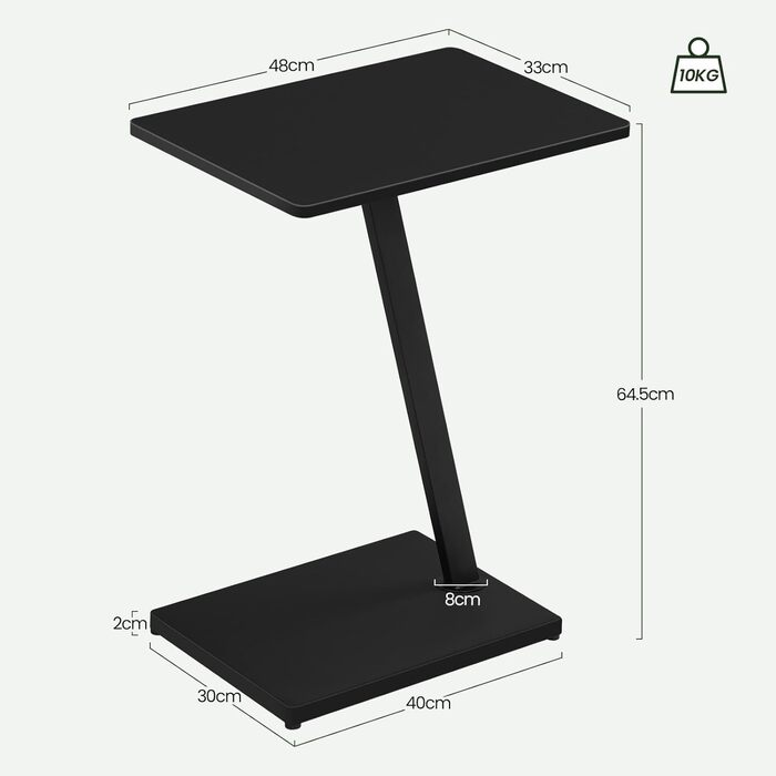 С-подібний журнальний столик, столик для дивана, стіл для вітальні, з металевим каркасом, для дивана, кушетки, ліжка, 48x64x33 см, чорний