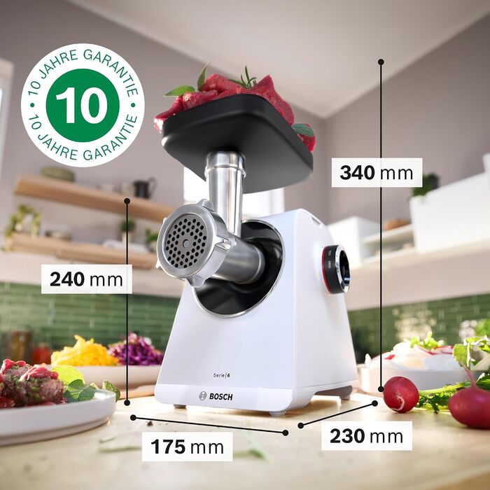 М'ясорубка Bosch MultiPower Serie 6 MFWS607W, 2 перфораційні решітки (4,5 та 8 мм), нержавіюча сталь, підходить для посудомийки, насадки для кеббе та ковбас, потужність 2100 Вт, біла