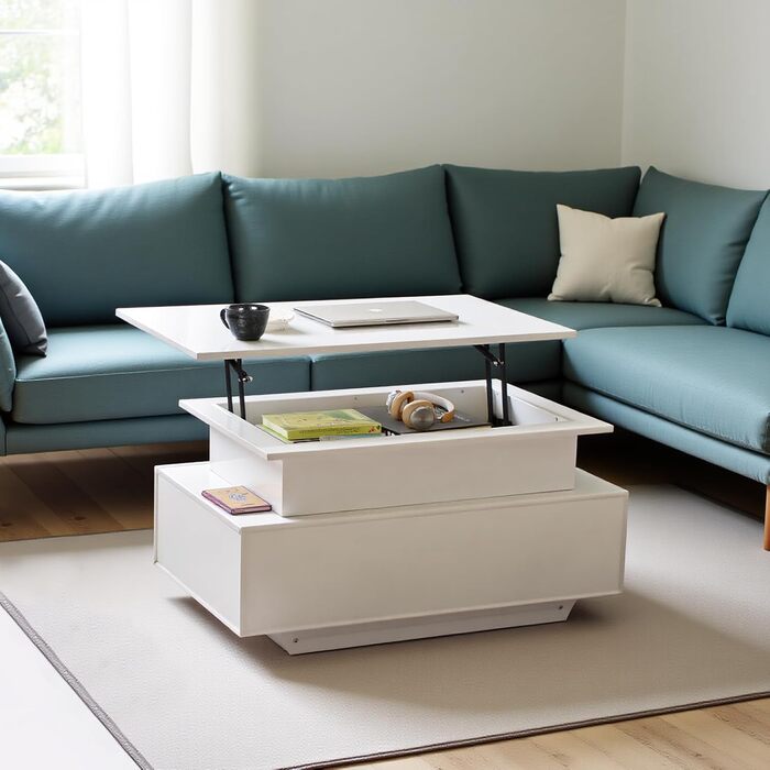 Журнальний столик з регульованою висотою, глянцевий стіл для вітальні зі світлодіодним підсвічуванням, відкритою полицею для демонстрації та 2 шухлядами, сучасний, 85 x 50 x 45 см, білий