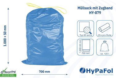 Сміттєві пакети Hypafol Тип 60 зі шнурком, 120 л Пакети для сміття для дому, саду та промисловості Надзвичайно міцні та стійкі до розривів Сині надміцні сміттєві пакети з високоякісного матеріалу 125 шт. (25 шт. в упаковці) 120 літрів
