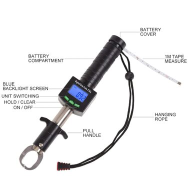 Лапа для риби Alomejor зі світлодіодним дисплеєм, багатофункціональні цифрові ваги для риби, 25 кг (55 фунтів), електронне керування, ручка для риби з ремінцем 1 м