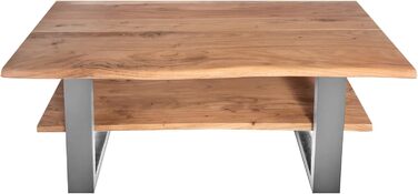 Журнальний столик SAM B-класу 115x65 см Philipp, диванний столик з полицею, масив акації натуральний колір лакований, журнальний столик зі справжнім живим краєм, U-подібна рама срібляста 115 x 65 см натуральний колір / сріблястий