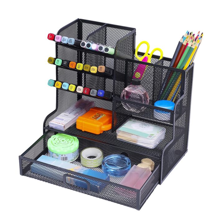 Сітчастий органайзер для ручок з шухлядою, багатофункціональний тримач для олівців для столу, органайзер для столу та аксесуари для офісу, школи, мистецтва та приладдя (M)