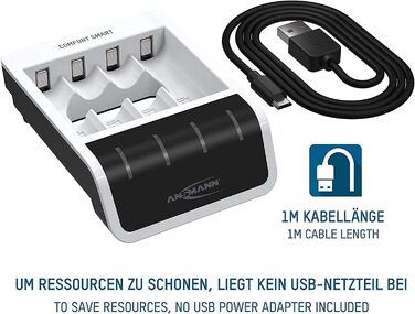 Зарядний пристрій Ansmann Comfort Smart для акумуляторів типу AA та AAA з 4 батареями типу AA ємністю 2850 мАг Швидка зарядка з функцією швидкої перевірки ємності У комплекті USB-кабель довжиною 1 м 3 роки гарантії, білий (1001-0092-02)