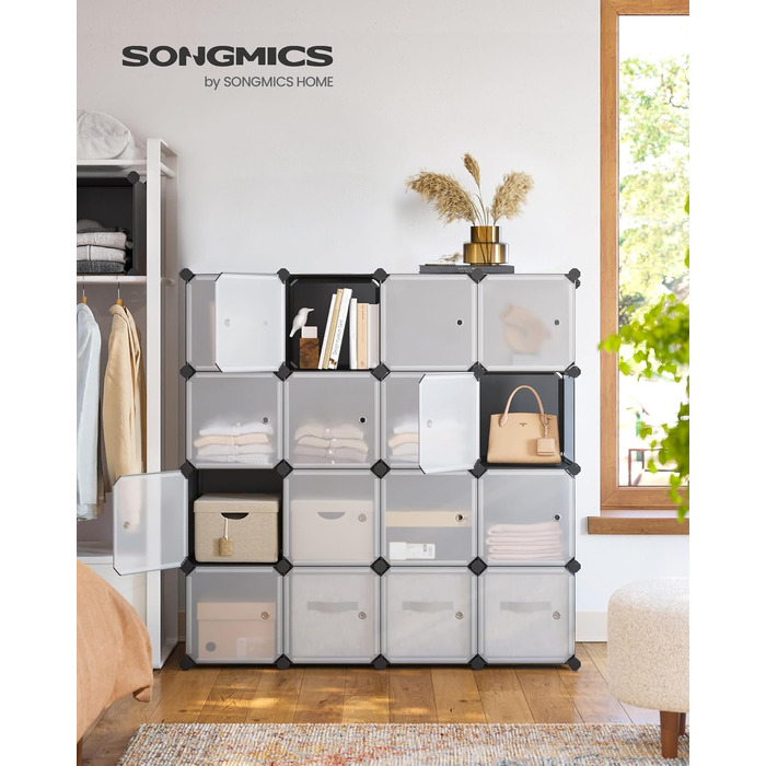 Система полиць, Взуттєва полиця, Набір із 16 кубів, Пластикова шафа з дверима, Модульні полиці, Місце для зберігання одягу, взуття та книг, Легке складання, Сірий LPC443G01 16 кубів (123Ш x 123В см) Сірий