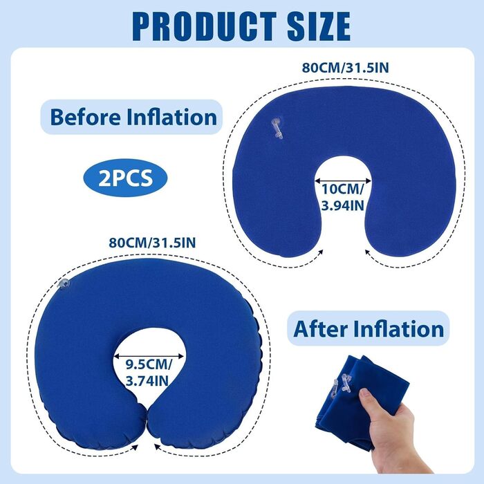 Надувна подушка для шиї, 2 упаковки подушок для подорожей Надлегка портативна швидка надувна подушка для підголовника Практична подушка для шиї з мяким оксамитовим чохлом для офісу, літака, автомобіля, поїзда (королівсько-синій)
