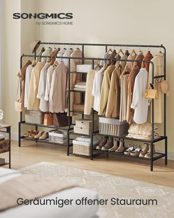 Вішалка для одягу SONGMICS, Відкрита шафа, Вішалка для пальто з 9 полицями, Металевий каркас, Штанга для одягу, для спальні, вітальні, вхідної зони, Чорний HSR183B01 Чорний 195W см