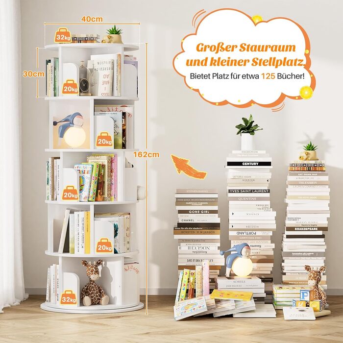 Рівнева обертова книжкова полиця, дерев&39яна обертова книжкова полиця-вежа, кругла книжкова полиця, що обертається на 360 градусів, кутовий органайзер для невеликих приміщень, спальня, офіс, білий, 5-
