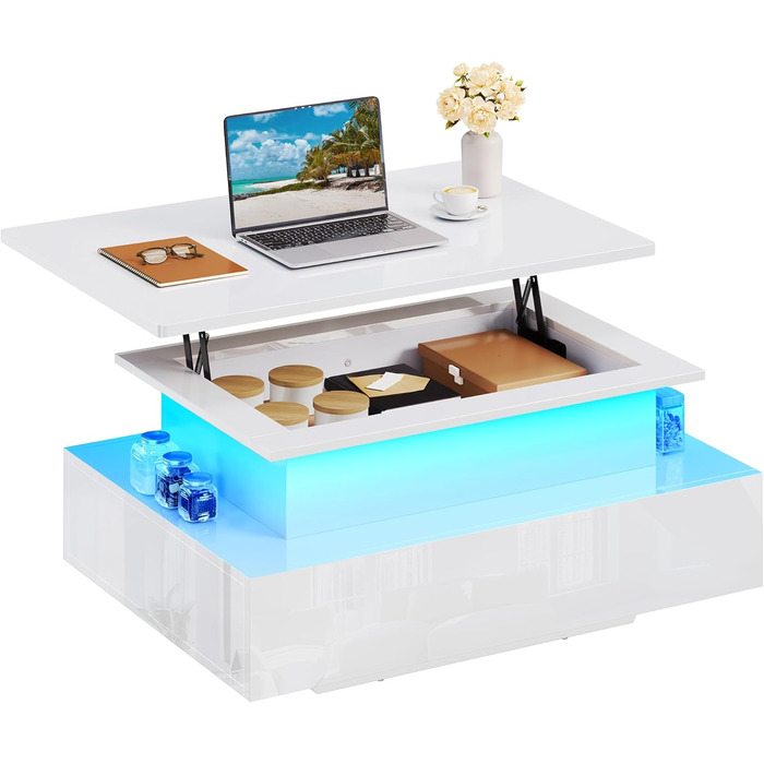 Журнальний столик з регульованою висотою, глянцевий стіл для вітальні з підйомною стільницею, сучасний журнальний столик для вітальні з 16-кольоровим світлодіодним освітленням та 2 шухлядами, білий, повний підйом