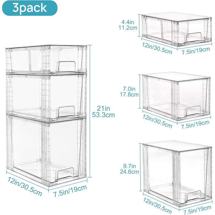 Набір із 3 шт. абелюваних прозорих висувних ящиків для зберігання з ручками, для кухні, ванної кімнати, шафи та під раковиною - Комплект із 3 предметів - Комбо (1 широкий 1 середній 1 маленький)