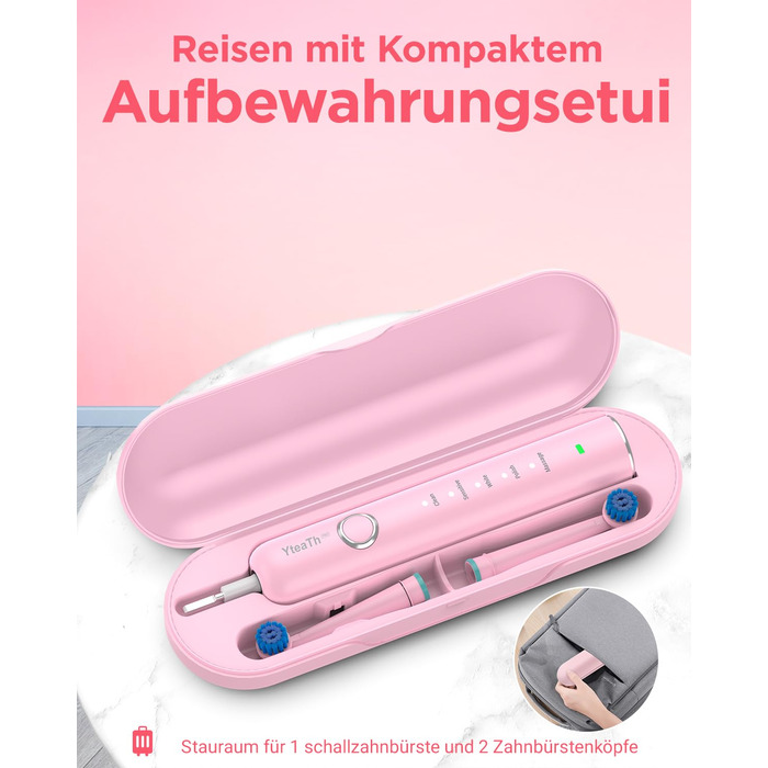 Обертова електрична зубна щітка для дорослих та дітей з 8 насадками, електрична зубна щітка з настінним тримачем та зарядною станцією, 5 режимів чищення та дорожній футляр, 60 днів роботи від акумулятора (Рожева)