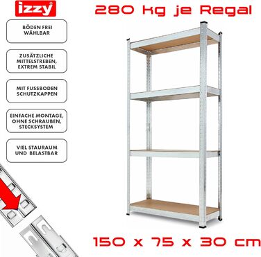 Полиця, міцна металева полиця для підвалу, надміцна полиця, полиця для зберігання, що вставляється в розетку, легко збирається, оцинкована, 4 полиці розміром 150 x 75 x 30 см, вантажопідйомність 280 кг 1 полиця - 150 x 75 x 30 см, 1