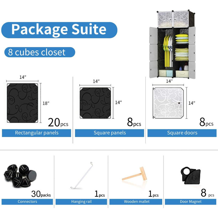 Шафа BRIAN & DANY на 8 кубів, модульна система полиць, пластикова шафа з дверима та 1 вішалкою, глибші відділення, ніж зазвичай (45 см проти 35 см) для більшого простору, стиль принта на 8 кубів