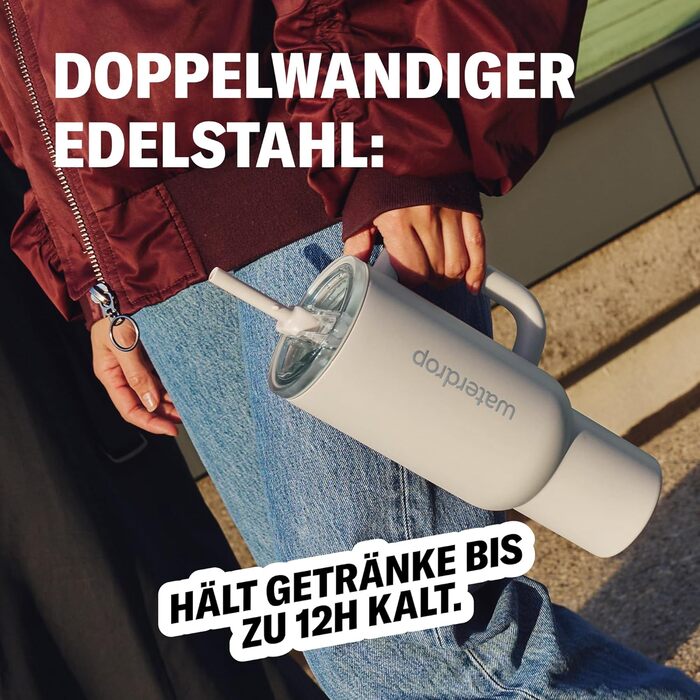 Термокружка Waterdrop з трубочкою 1,1 л Герметична, міцна пляшка для пиття з відкидною трубочкою, зберігає напої холодними протягом 12 годин, кухоль для пиття з кришкою, ізольована пляшка з нержавіючої сталі, зимово-білий колір