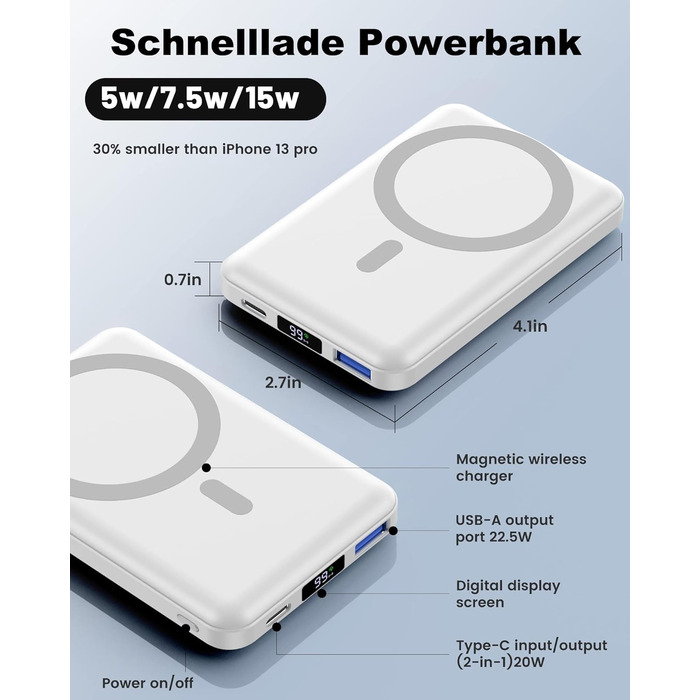 Бездротовий Power Bank Магнітний 22.5W PD швидка зарядка зі світлодіодним дисплеєм та USB-C зарядним кабелем Акумуляторна батарея для iPhone 16/15/14/13/12/Mini/Pro/Pro Max White, 10000mAh