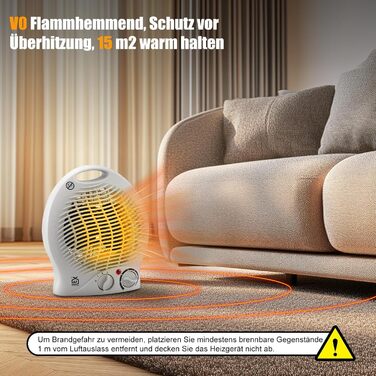 Портативний електричний обігрівач потужністю 2000 Вт з 3 режимами (холодне повітря/1000 Вт/2000 Вт) для приміщень площею до 15 м, захист від перекидання, захист від перегріву, тихий та енергозберігаючий з мідним двигуном для спалень та офісів
