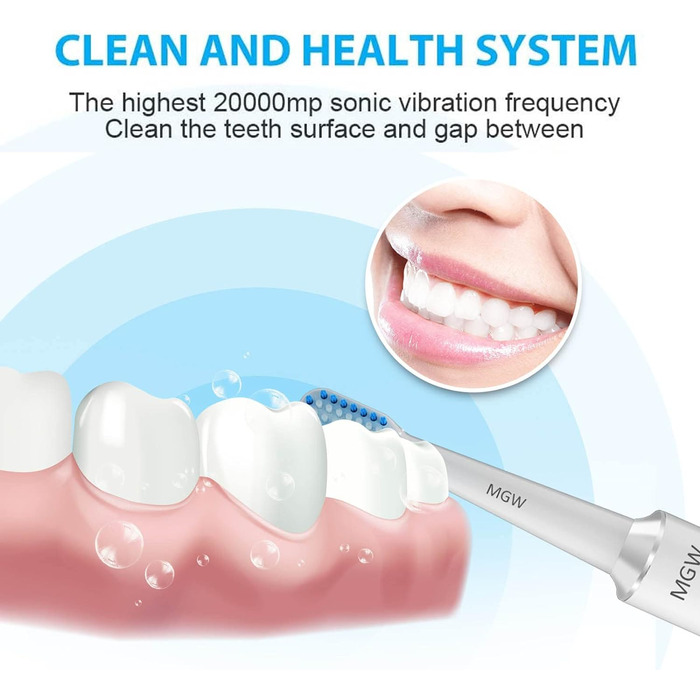 Електрична зубна щітка для дорослих, звукові зубні щітки MGW з розумним таймером, 3 режими, 2 насадки для щітки, одна зарядка на 60 днів, акумуляторна зубна щітка IPX7 водонепроникна біла